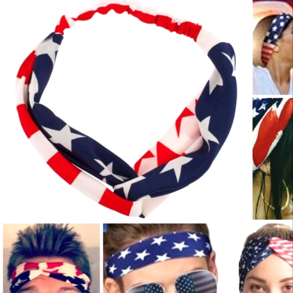 🍎 2 Nwt American Flag Headwrap Headband Patriotic Stars Stripes Red White Blue - Picture 1 of 5